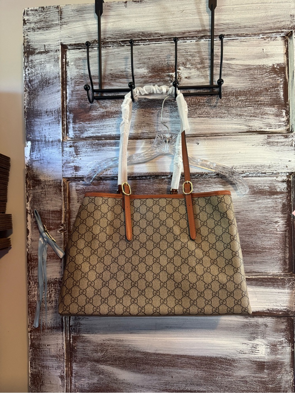 Beige Monogram Tote Bag with Brown Leather Trim
